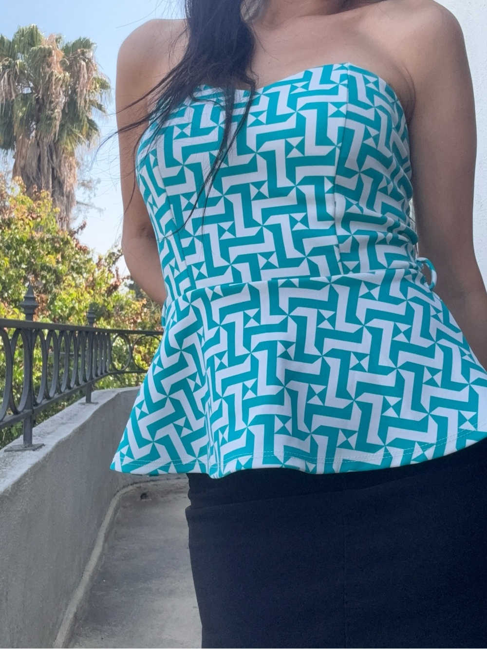 Strapless Peplum Top in Teal Geo Print